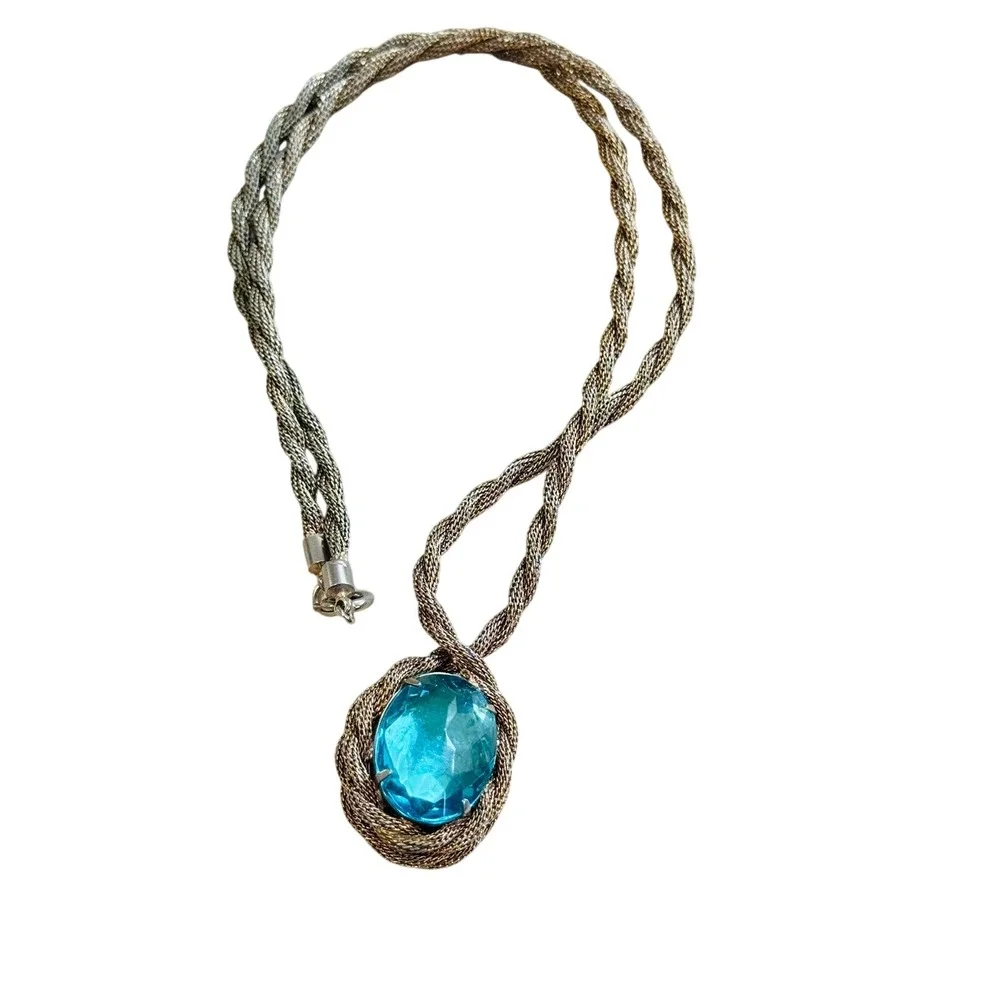 VTG Victorian style Regal necklace Aqua Blue glass Statement Mesh Braided 60s